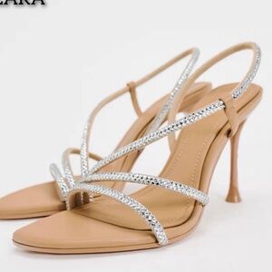 ZARA Rhinestone Strappy Heels Nude Size 41 (US 10) 3.5” Heel EUC